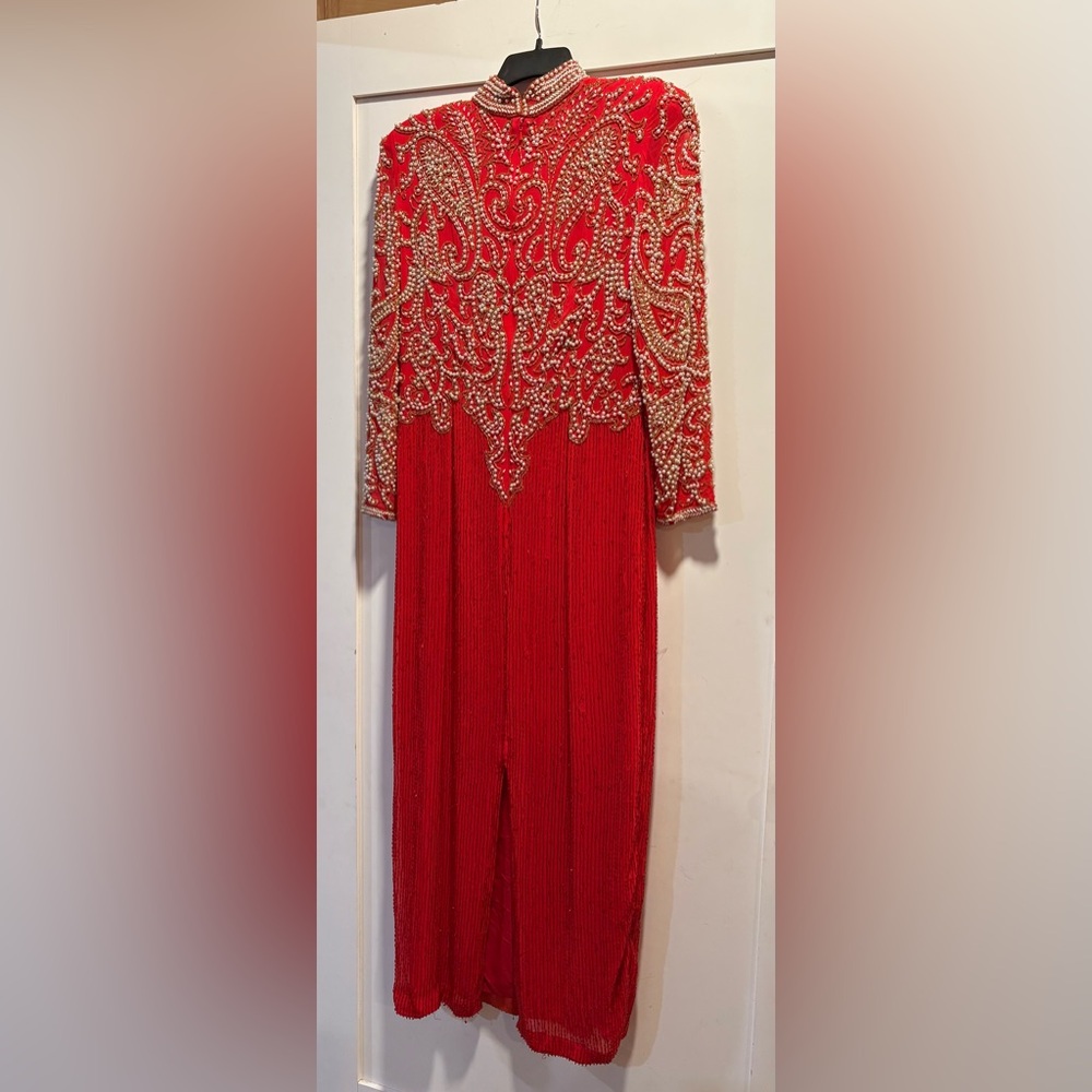 Elegant Red Beaded Women's Dress- Oleg Cassini